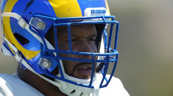 Aug 29, 2022; Thousand Oaks, CA, USA: Los Angeles Rams defensive end Aaron Donald (99) during training camp at Cal Lutheran University.